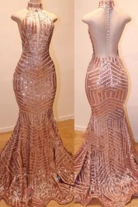 rose gold striped pattern sequin halter open back trumpet prom gown