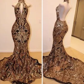 gold abstract sequin black lining backless mermaid prom gown