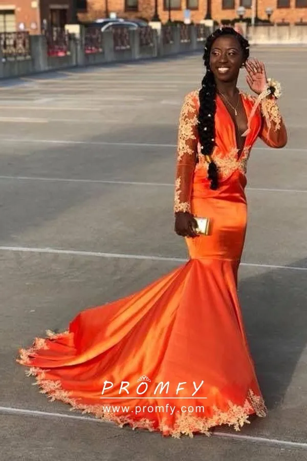 Orange Satin Gold Lace Plunging V Neck 