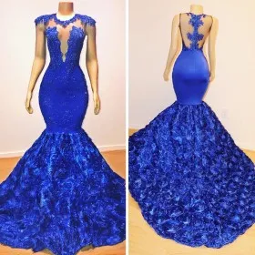 illusion plunging neck royal blue 3D rose unique prom gown