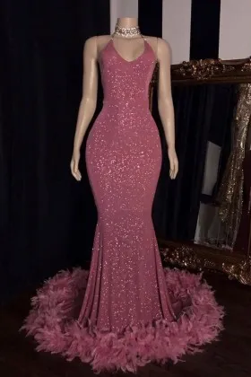 halter v neck glitter lurex feather mermaid prom dress