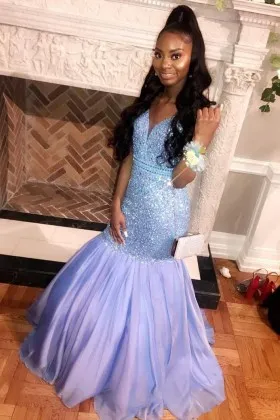 sparkly diamonds drop waist lavender trumpet prom dress