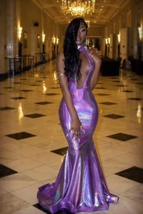 halter high neck plunging iridescent purple trumpet prom dress