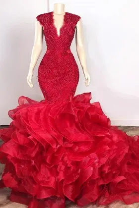 beaded lace flanged red organza trumpet prom dress