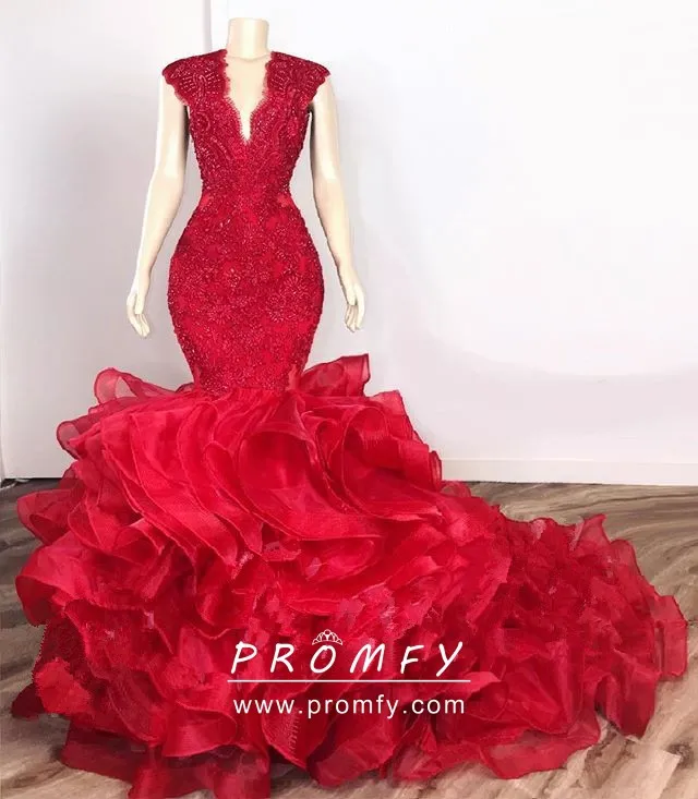 Beaded Lace Flanged Red Organza Trumpet Prom Dress - Promfy