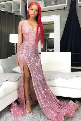 pink sequin sweetheart high slit mermaid prom dress