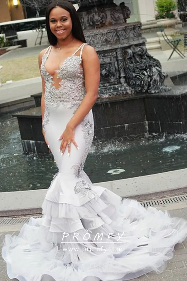 Grey Lace Tiered Satin \u0026 Tulle Trumpet 