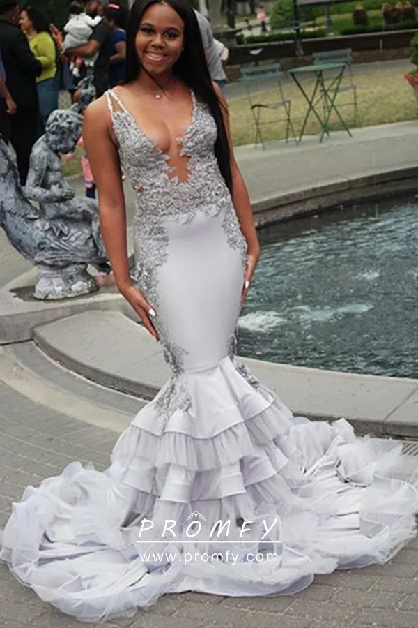 Grey Lace Tiered Satin \u0026 Tulle Trumpet 