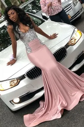 sliver sequin dusty pink satin mermaid prom dress