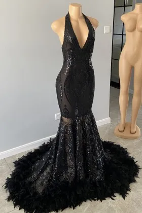 black sequin feather V neck trumpet prom dress