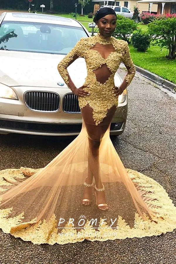 long sleeve yellow prom dresses Yellow Ball Gown Tulle Sequins Long Sleeve Prom Dress 2020