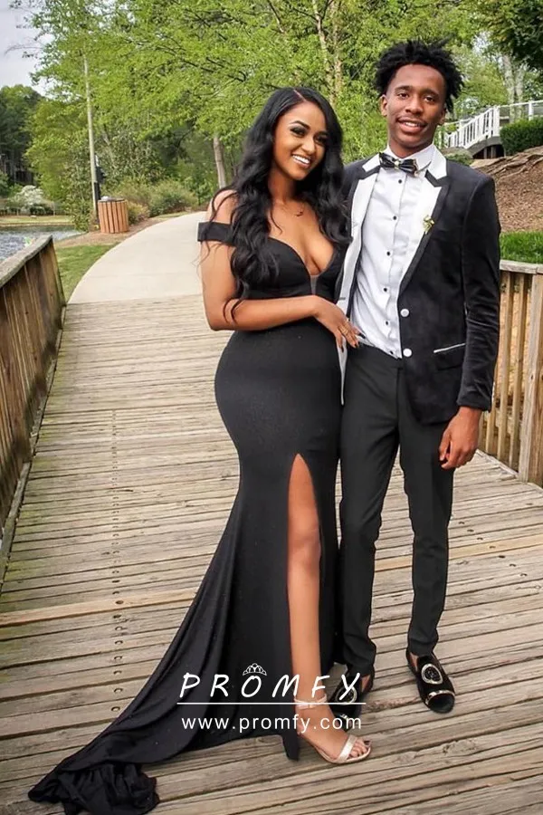 V Neck Split Black Mermaid Prom Dress 