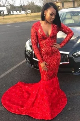 V neck long sleeve red sequin 3D rose prom dress