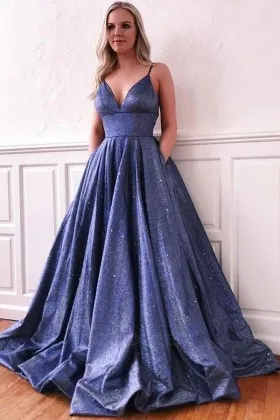 navy blue glitter lurex spaghetti strap v neck prom gown