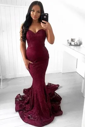 strapless sweetheart burgundy lace bridesmaid dress