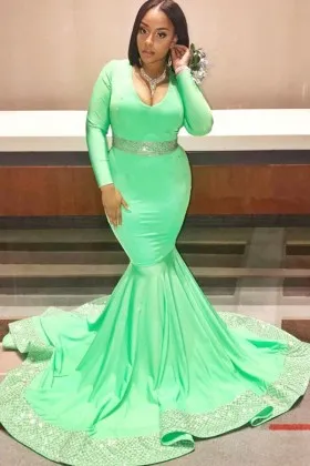 mint green spandex long sleeve trumpet prom dress