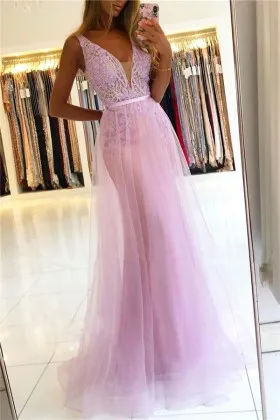 sleeveless beaded lilac lace tulle formal dress