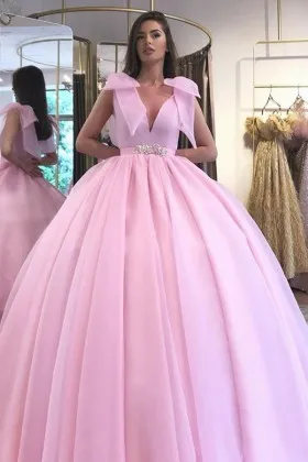Oversized Bow V Neck Pink Princess Formal Ball Gown