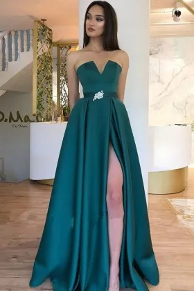 strapless emerald satin thigh high slit prom dress
