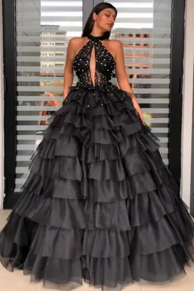 beaded keyhole bodice tiered prom ball gown