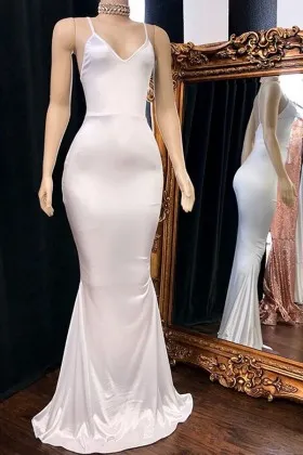 white satin V neck sleeveless mermaid prom dress