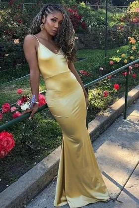 V neck yellow satin spaghetti straps mermaid prom dress