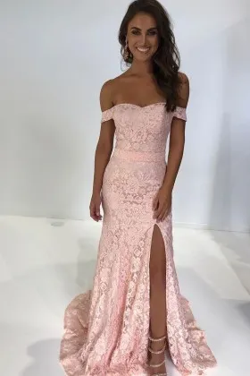 pink lace off shoulder high slit mermaid prom dress