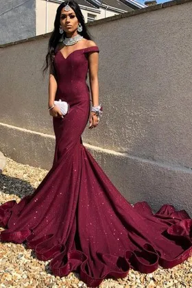 off shoulder burgundy glitter lurex long train prom gown