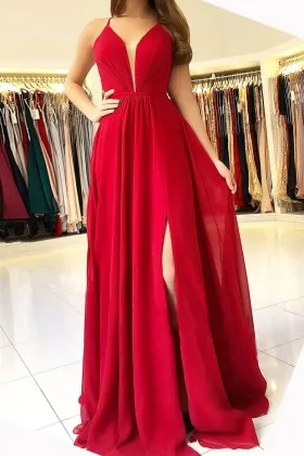 red chiffon plunging neck pleated split prom dress