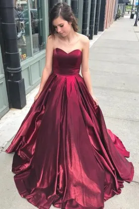 simple strapless sweetheart burgundy satin long prom dress