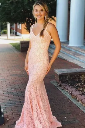 beaded blush lace V neck mermaid prom dress