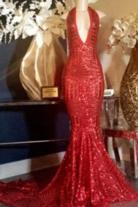 red striped sequin halter plunging neck prom dress
