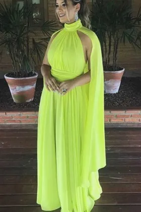 high neck unique cape lemon green chiffon prom gown