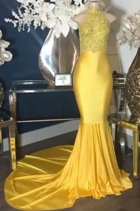 mango lace satin halter neck trumpet prom dress