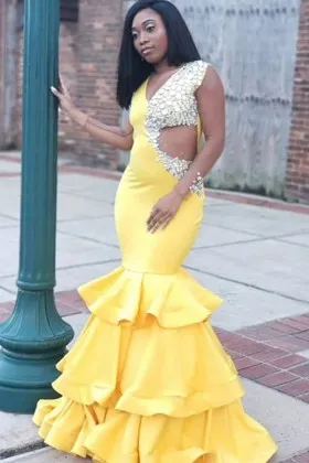 crystals cut out yellow satin tiered long prom gown