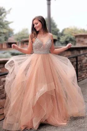 Pearls Embellished Champagne Nude Tulle Prom Dress - Promfy