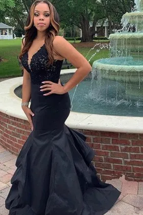 black lace satin plunging neck ruffled prom dress
