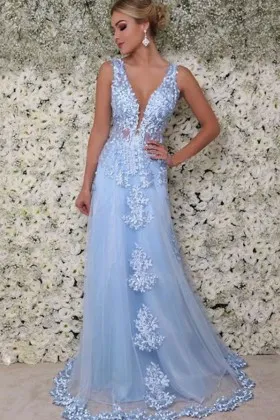 sky blue lace tulle plunging sleeveless prom gown