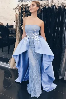 strapless ice blue lace prom dress with overskirt