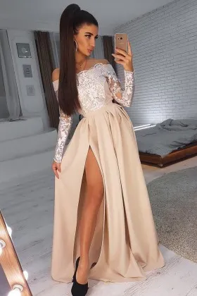 off shoulder long sleeve split champagne prom dress