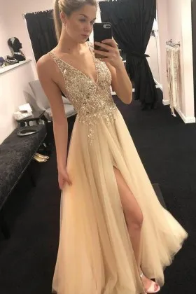 beaded champagne tulle slit a line long prom dress