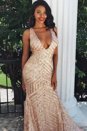 rose gold striped sequin V neck mermaid prom dress
