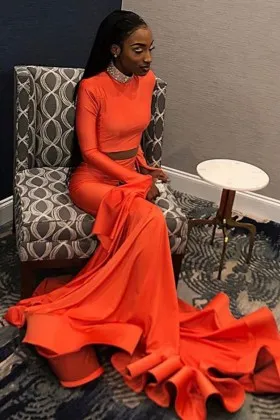 orange spandex beaded neck long sleeve prom gown