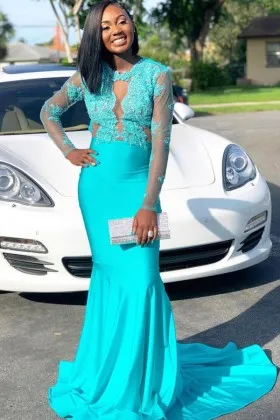 Cyan Blue Lace Satin Sleeved Mermaid Prom Dress Promfy