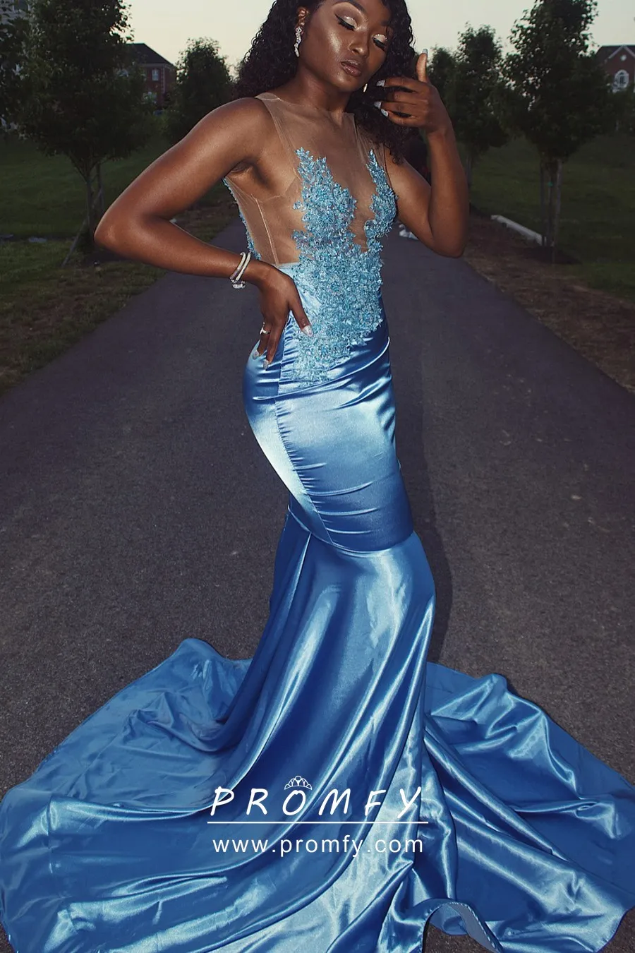 Satin Sheer Bodice Mermaid Prom Dress 