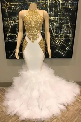 gold lace drop waist ruffled white tulle unique prom dress