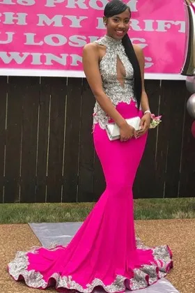 high neck sliver lace fuchsia spandex prom dress