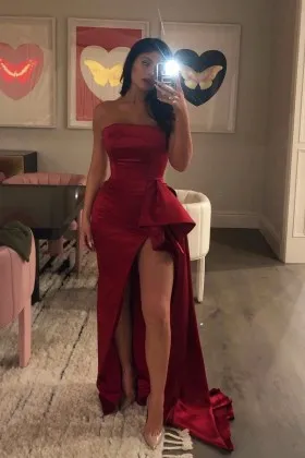 crimson satin strapless ruffles high slit prom gown