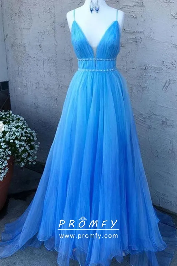 Sky Blue Tulle Spaghetti Straps Puffy Prom Dress Promfy