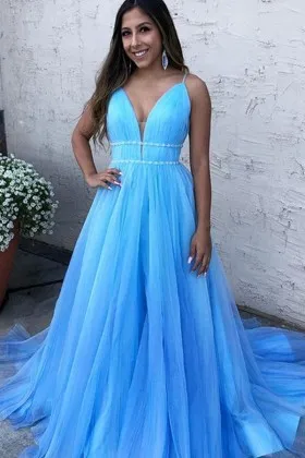 sky blue tulle spaghetti straps puffy prom dress